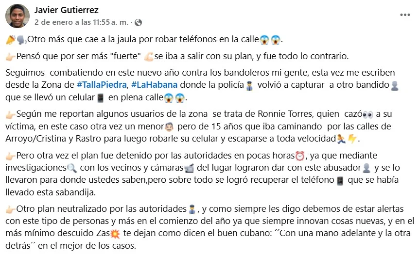 Un menor de 15 años, la víctima de un robo en La Habana: así atraparon al culpable 1 captura facebook javier gutierrez ladron 250105
